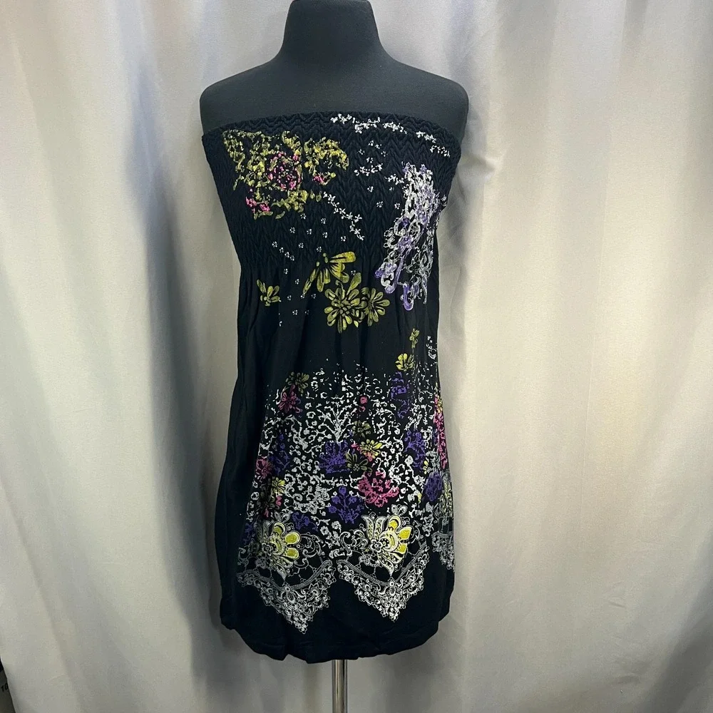 JJ Authentic Strapless Tube Dress Womens Medium Black Floral Boho Smocked Waist